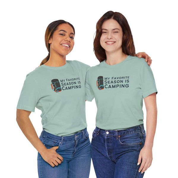 Two women wearing My Favorite Season is Camping Tee, showcasing their love for camping and outdoor adventures.