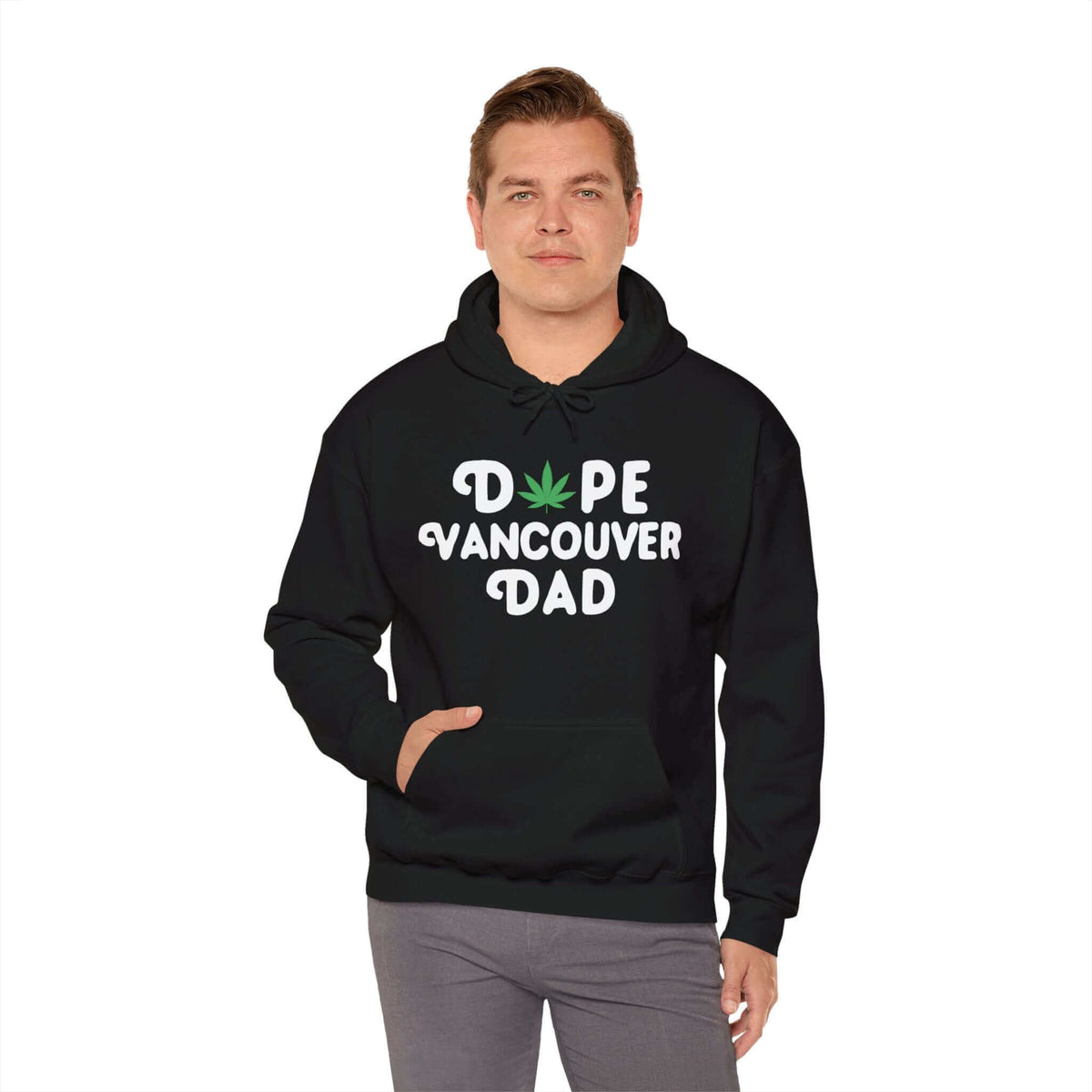 Man wearing "Dope Vancouver Dad" hoodie with marijuana leaf design, celebrating Washington state pride.