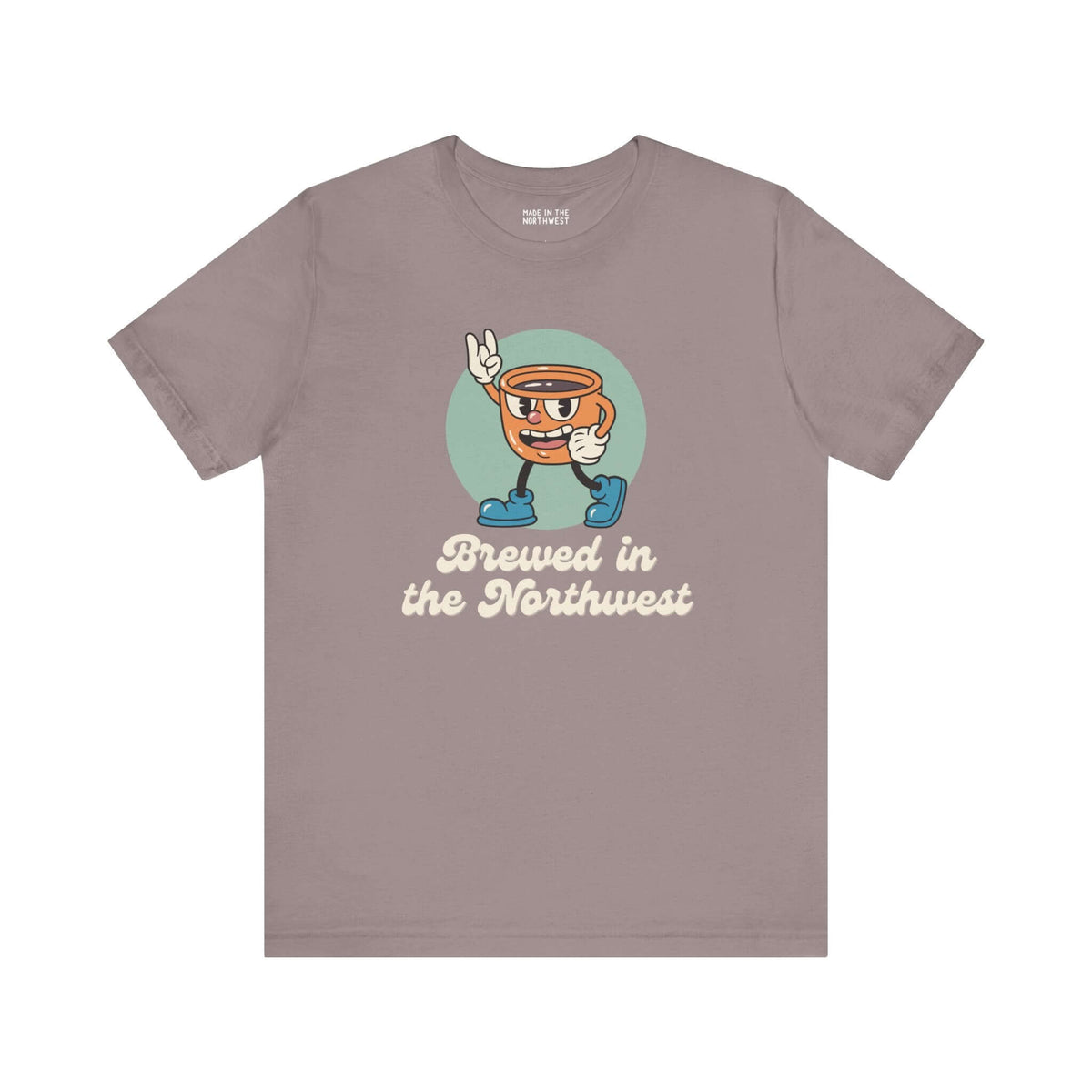 Brewed in the Northwest soft tee featuring a playful coffee character design, perfect for coffee lovers.