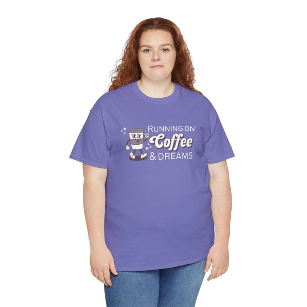 Model wearing 'Running on Coffee and Dreams' athletic tee in purple with a vintage coffee cup illustration.