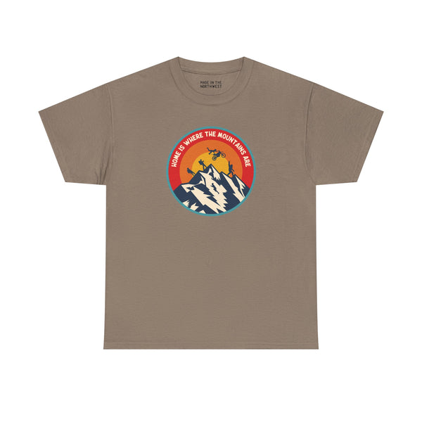 Home is Where the Mountains Are Athletic Tee featuring a colorful mountain design, perfect for outdoor enthusiasts.