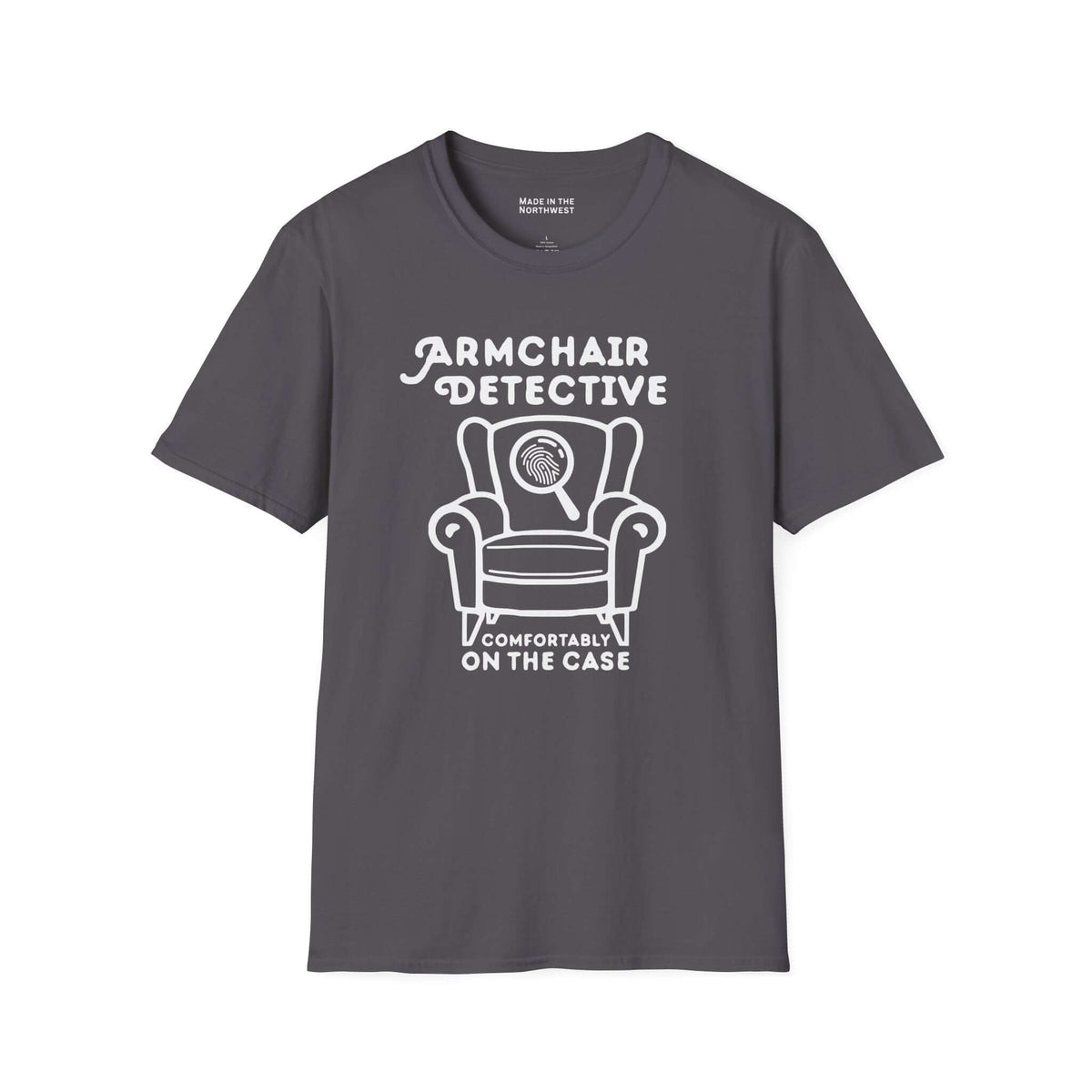 Armchair Detective T Shirt – Cozy True Crime Graphic Tee featuring a hand-drawn armchair and magnifying glass.