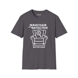 Armchair Detective T Shirt – Cozy True Crime Graphic Tee featuring a hand-drawn armchair and magnifying glass.