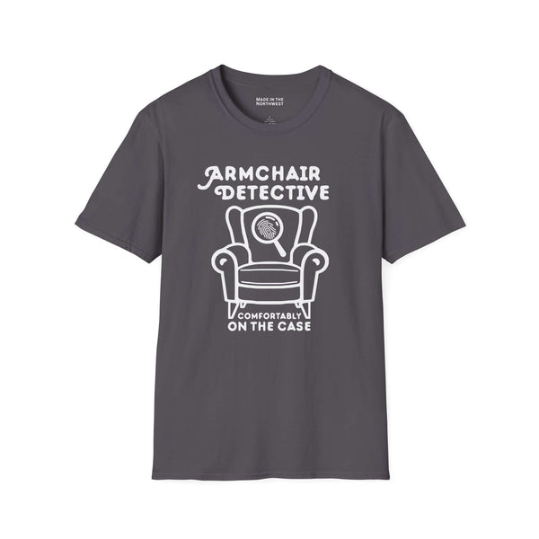 Armchair Detective T Shirt – Cozy True Crime Graphic Tee featuring a hand-drawn armchair and magnifying glass.