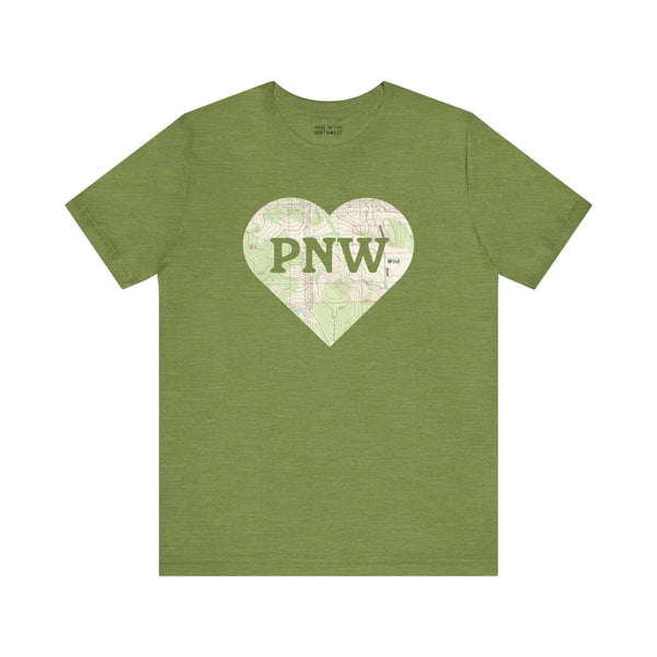 Green PNW Explorer's Heart Soft Tee with topo map heart design representing Pacific Northwest adventure spirit.