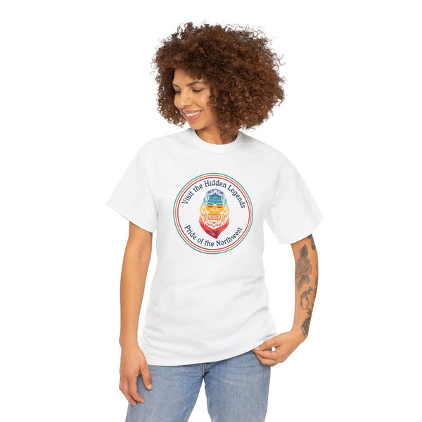 Model wearing Hidden Legends Pride of the Northwest athletic tee featuring vibrant Bigfoot design.