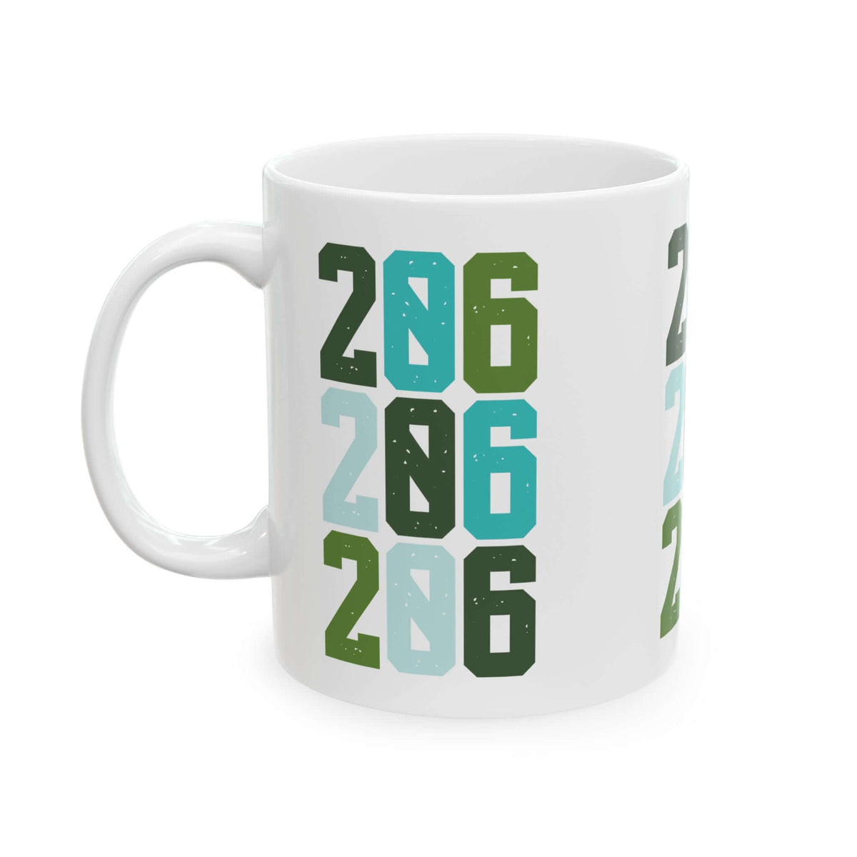 Two-Oh-Six Pop Seattle ceramic mug featuring bold 206 design in vibrant green and blue colors.