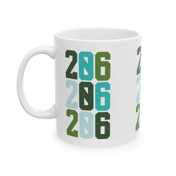 Two-Oh-Six Pop Seattle ceramic mug featuring bold 206 design in vibrant green and blue colors.