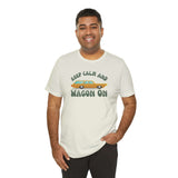 Man wearing Keep Calm and Wagon On Premium Soft Tee featuring '68 Chevelle wagon graphic, promoting adventure and nostalgia.