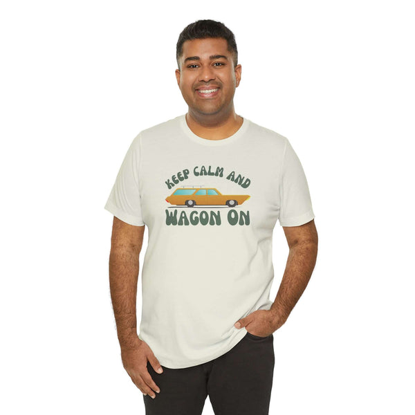 Man wearing Keep Calm and Wagon On Premium Soft Tee featuring '68 Chevelle wagon graphic, promoting adventure and nostalgia.