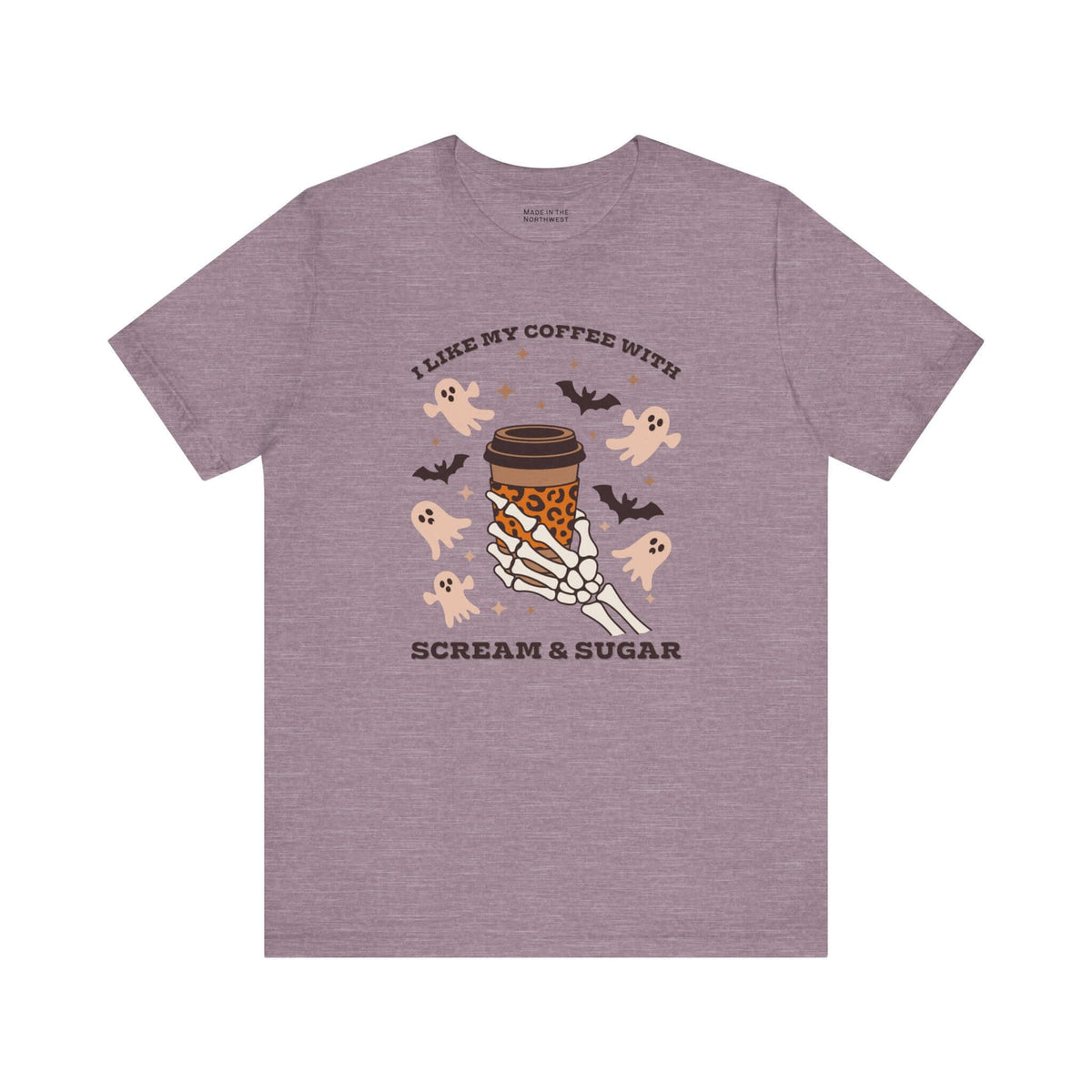 I Like My Coffee with Scream and Sugar Halloween Premium Soft Tee featuring a skeleton hand and spooky ghosts.