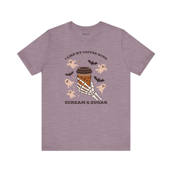 I Like My Coffee with Scream and Sugar Halloween Premium Soft Tee featuring a skeleton hand and spooky ghosts.