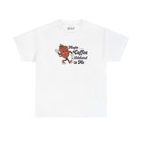 Maybe Coffee is Addicted to Me athletic tee in white with playful coffee graphic design.