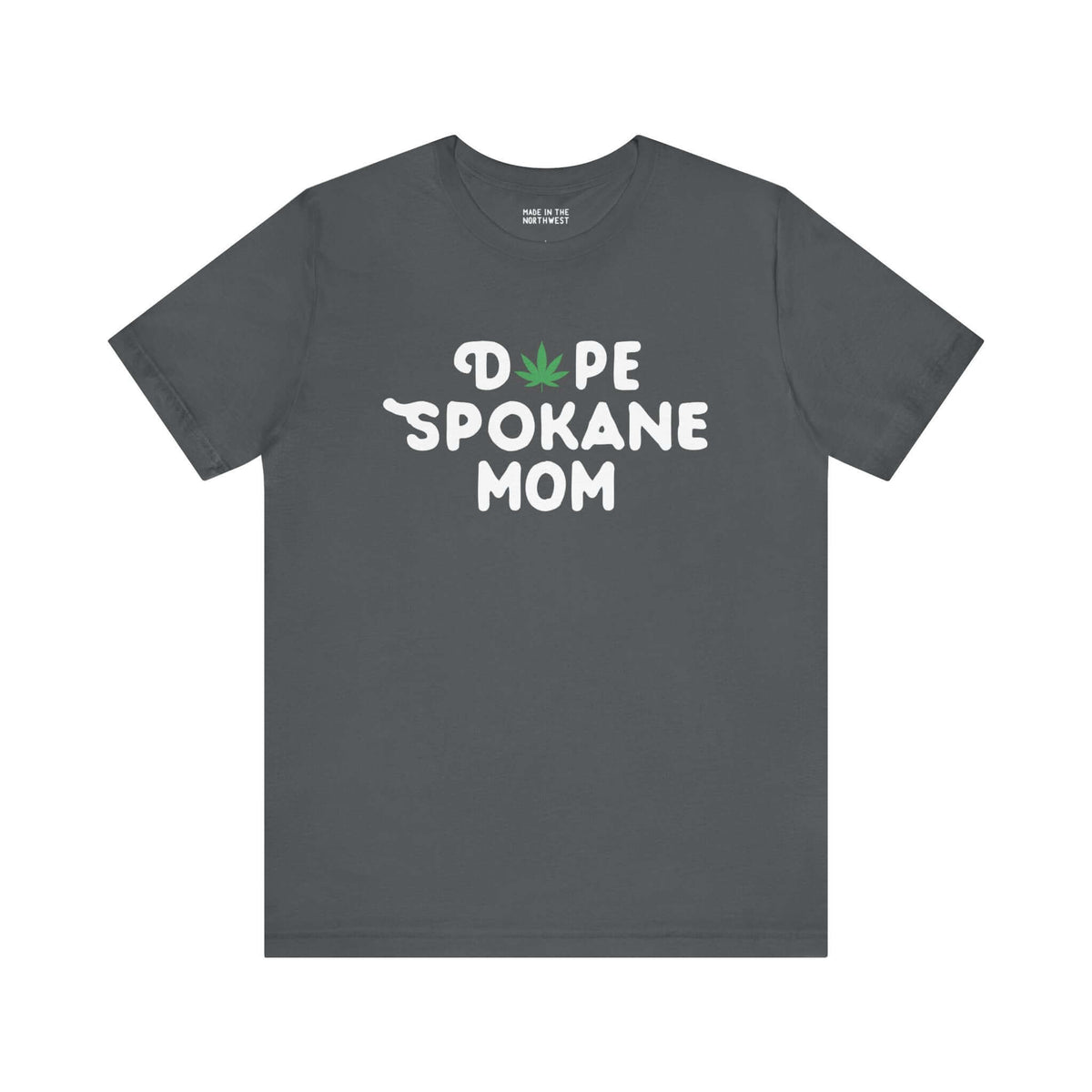 "Dope Spokane Mom soft tee with marijuana leaf design in a playful font, perfect for cool moms in Washington state."