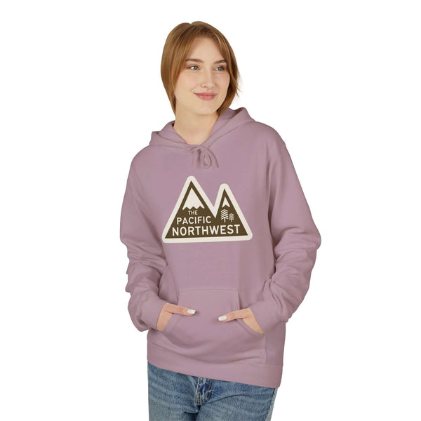 Pacific Northwest Heights Mountain Premium Midweight Hoodie in lavender with mountain design and bold text.