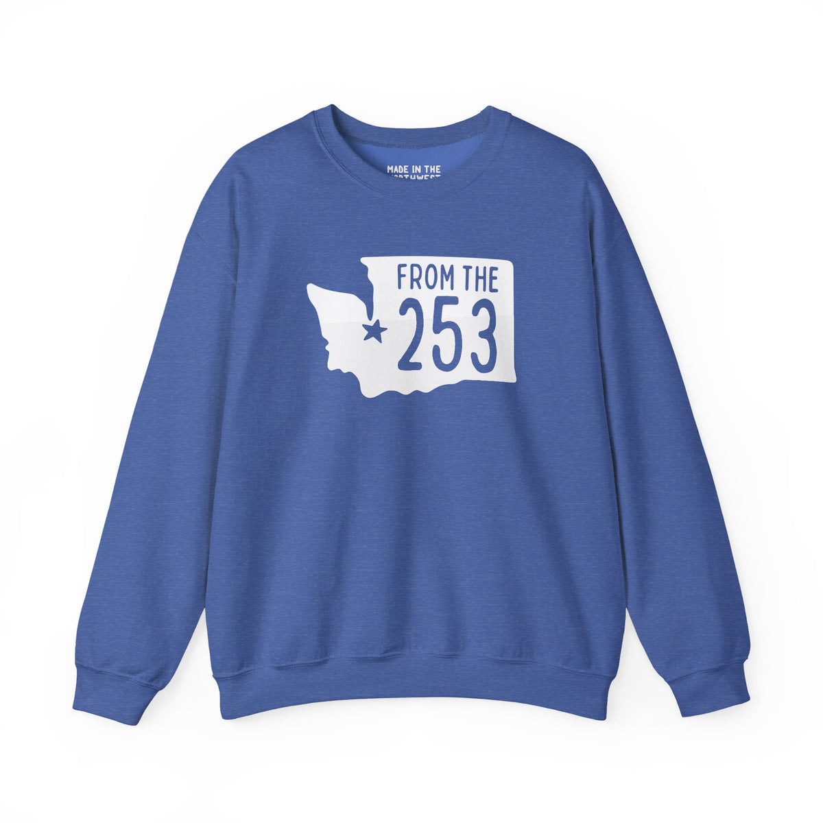 Blue sweatshirt featuring Washington state silhouette and 'From the 253' text, celebrating Tacoma pride.