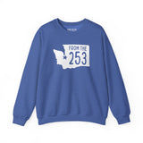Blue sweatshirt featuring Washington state silhouette and 'From the 253' text, celebrating Tacoma pride.