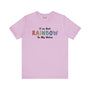 Light pink t-shirt featuring colorful text that reads 'I've Got RAINBOW In My Veins', embodying pride and individuality.