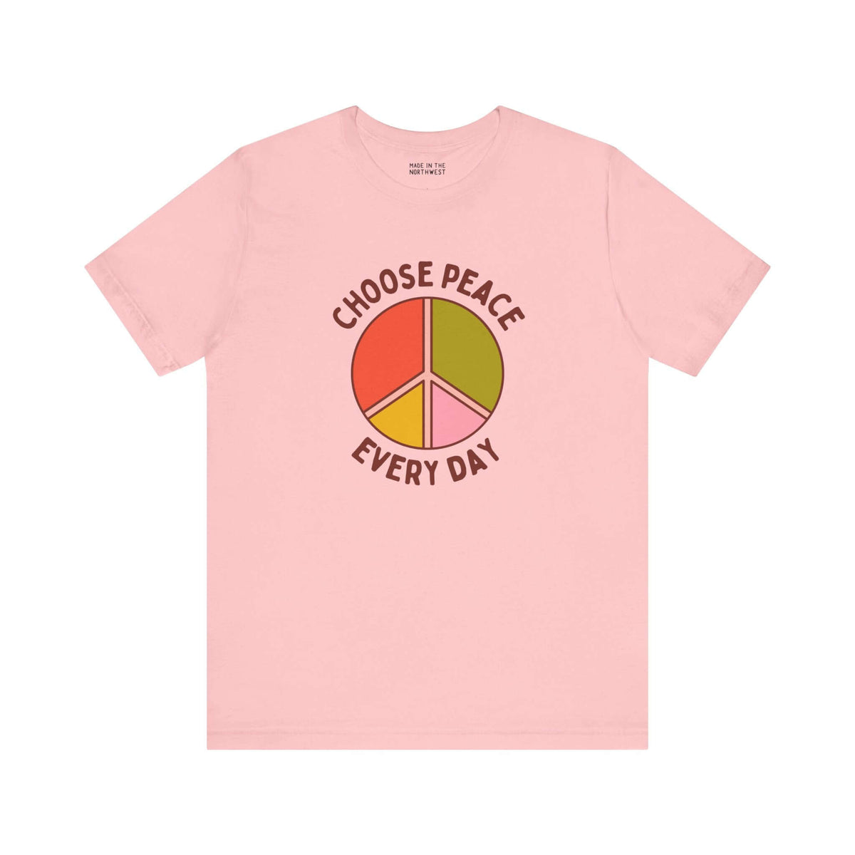 Choose Peace Every Day premium soft tee in light pink with a colorful peace symbol design.