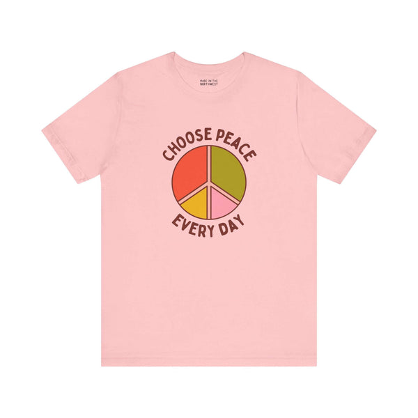 Choose Peace Every Day premium soft tee in light pink with a colorful peace symbol design.