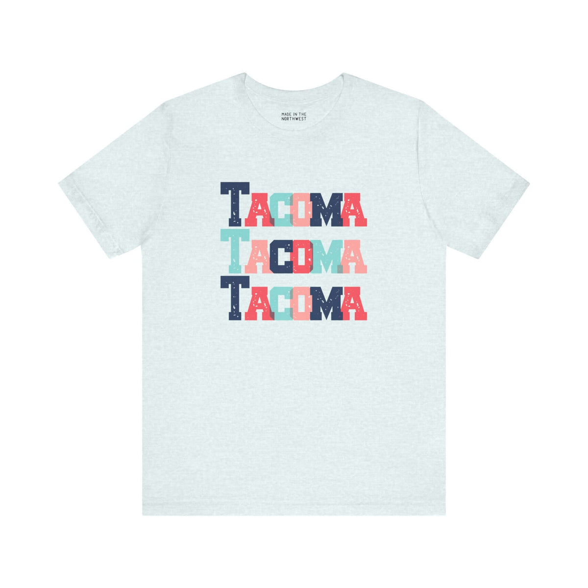 "Bold and Bright Tacoma Trio Soft Tee with colorful block letters, perfect for Tacoma fans, featuring city name in stacked design"