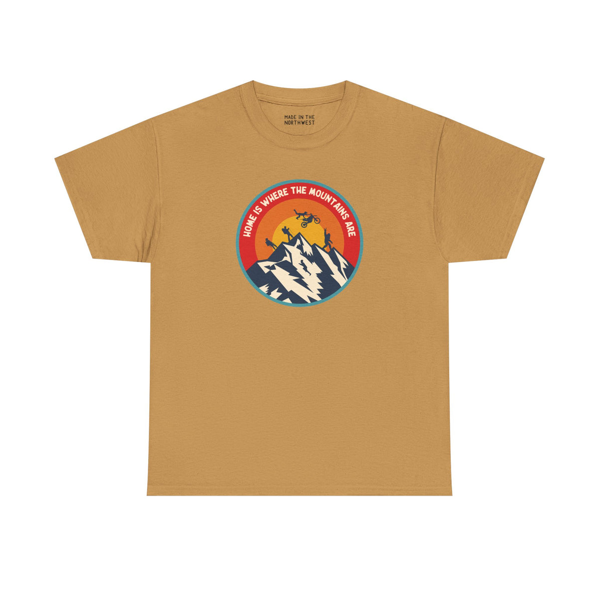 Home is Where the Mountains Are athletic tee in golden color with vibrant PNW mountain and adventure design.