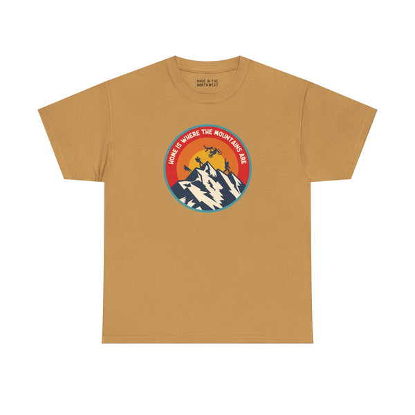 Home is Where the Mountains Are athletic tee in golden color with vibrant PNW mountain and adventure design.