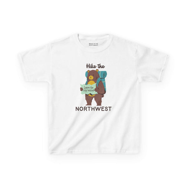 Hike the Northwest kids t shirt featuring a bear with a backpack and map in a playful outdoor design.