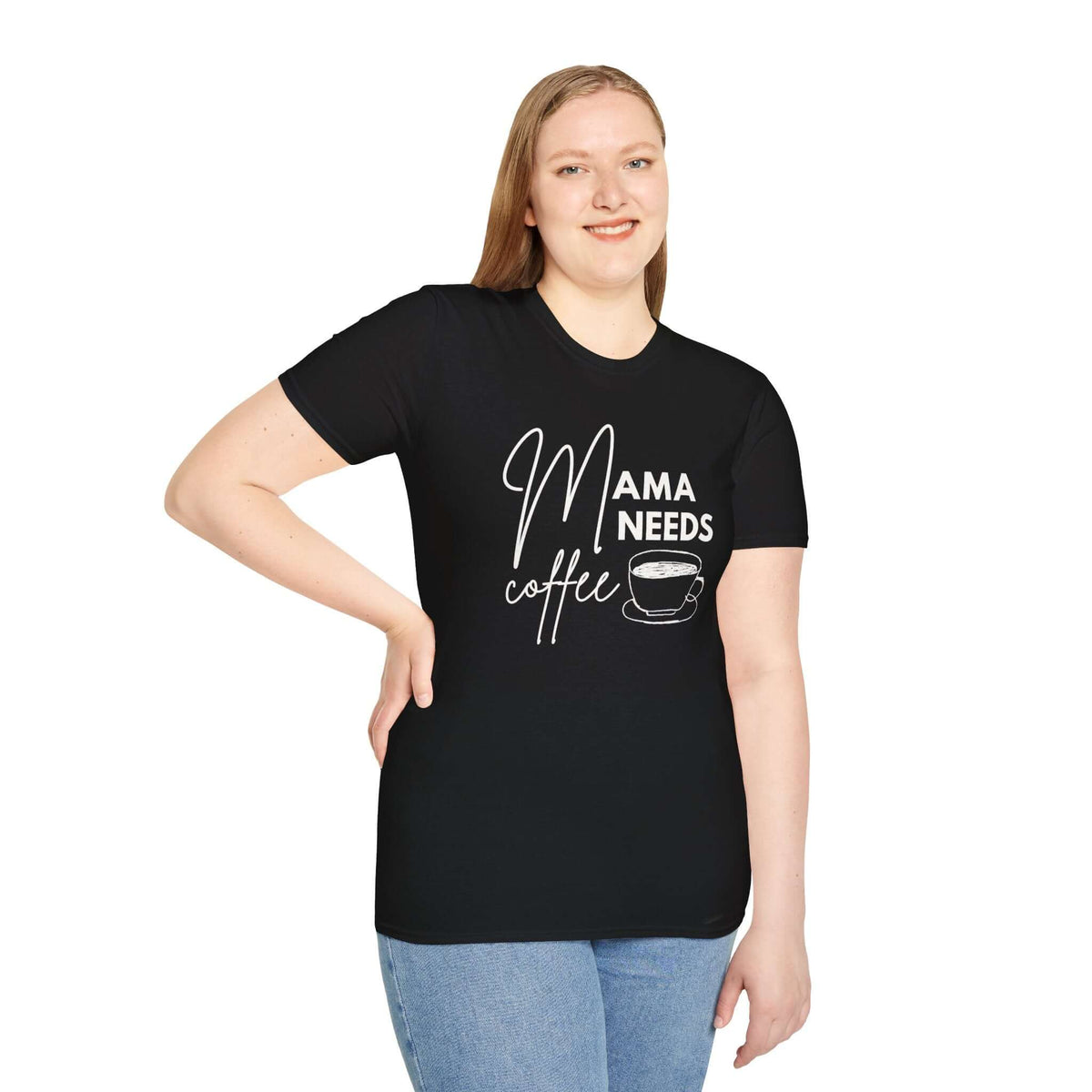 Mama Needs Coffee T Shirt model wearing soft black tee with coffee cup graphic, perfect for moms who love their caffeine.