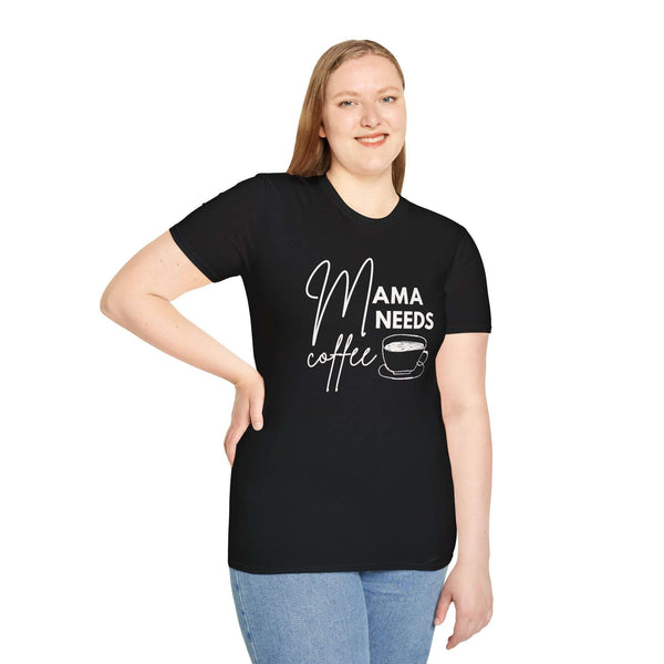 Mama Needs Coffee T Shirt model wearing soft black tee with coffee cup graphic, perfect for moms who love their caffeine.
