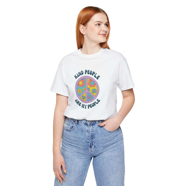 Unisex premium soft tee featuring a floral peace sign and the text 'Kind People Are My People'.