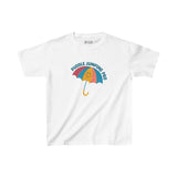 White Puddle Jumping Pro Tee with colorful umbrella design for kids who love splashing in puddles.