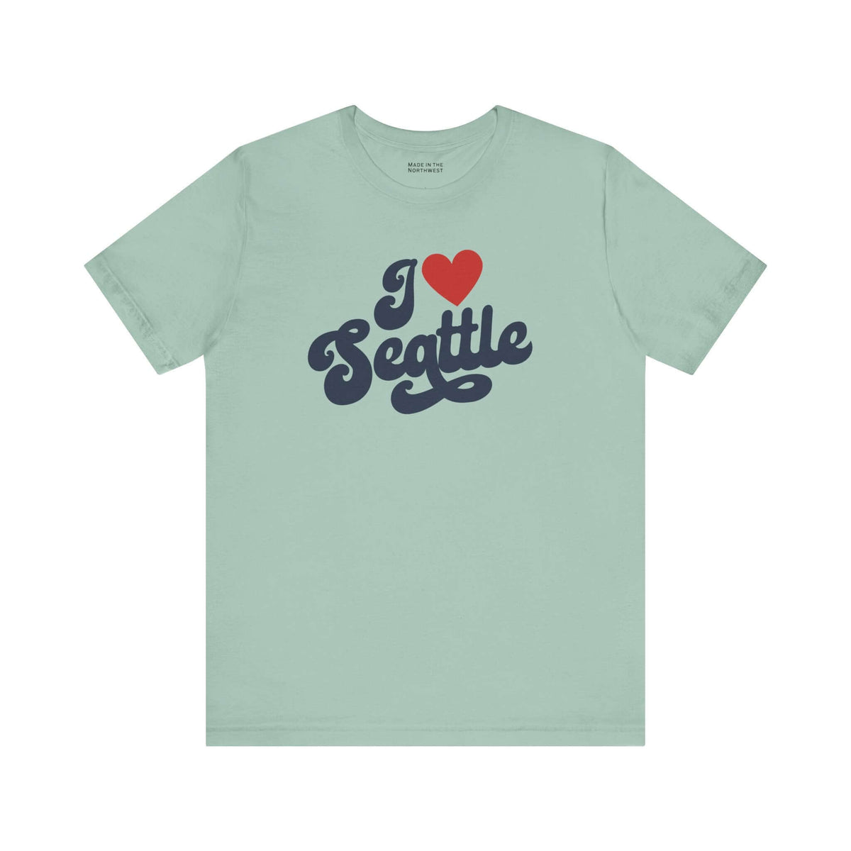 I love Seattle t shirt in light green with a cursive design showcasing love for Seattle.