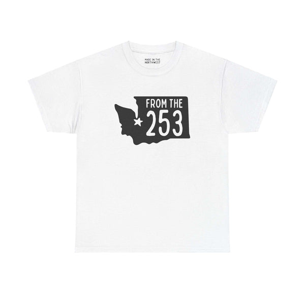 White t-shirt featuring "From the 253" with Washington state silhouette and star marking Tacoma. Perfect for showing local pride.