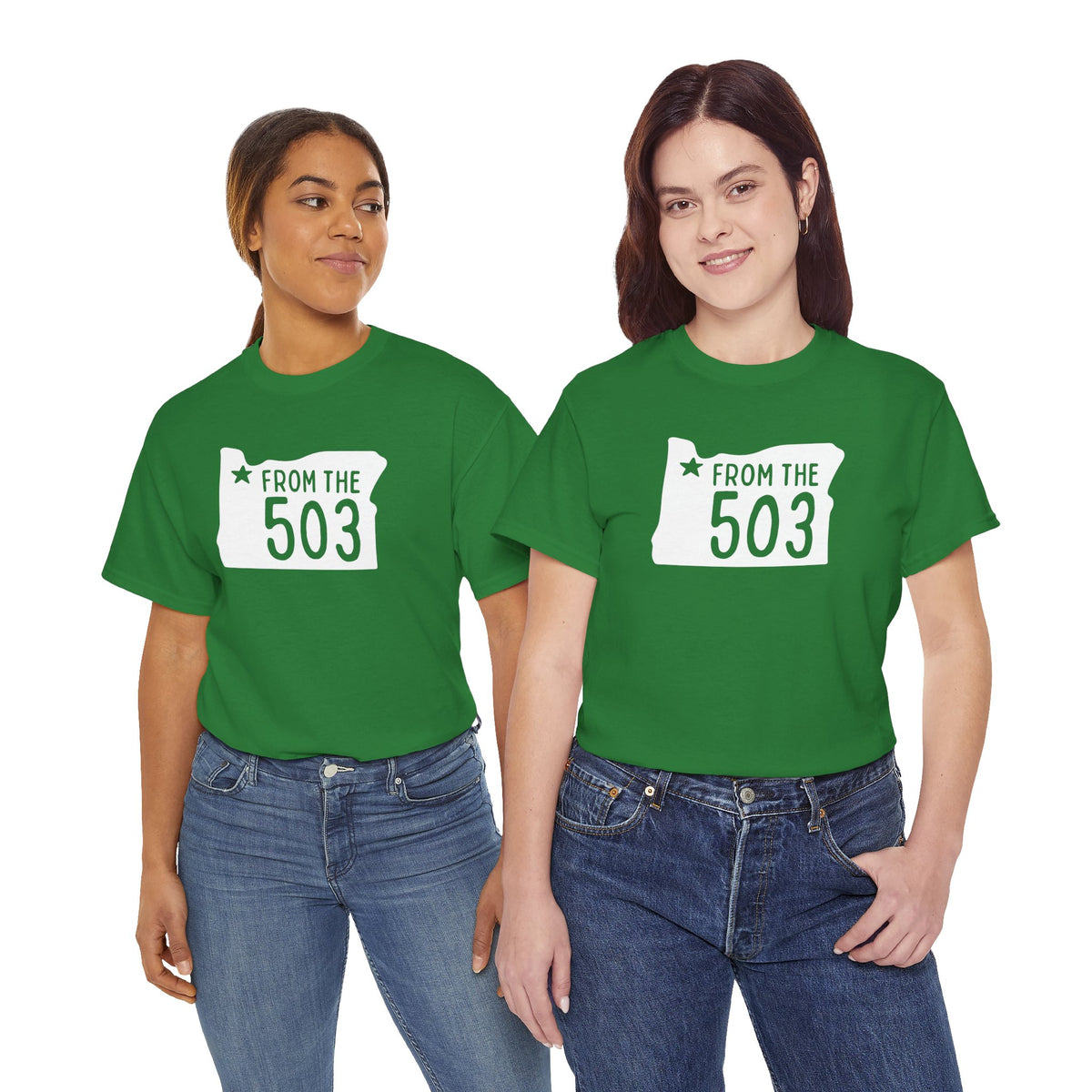 Two women wearing green From the 503 Oregon State Athletic Tee, featuring Portland star design.