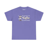 Purple athletic tee with 'Running on Coffee and Dreams' design, featuring a vintage coffee cup illustration.