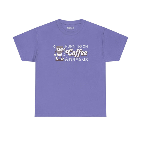Purple athletic tee with 'Running on Coffee and Dreams' design, featuring a vintage coffee cup illustration.
