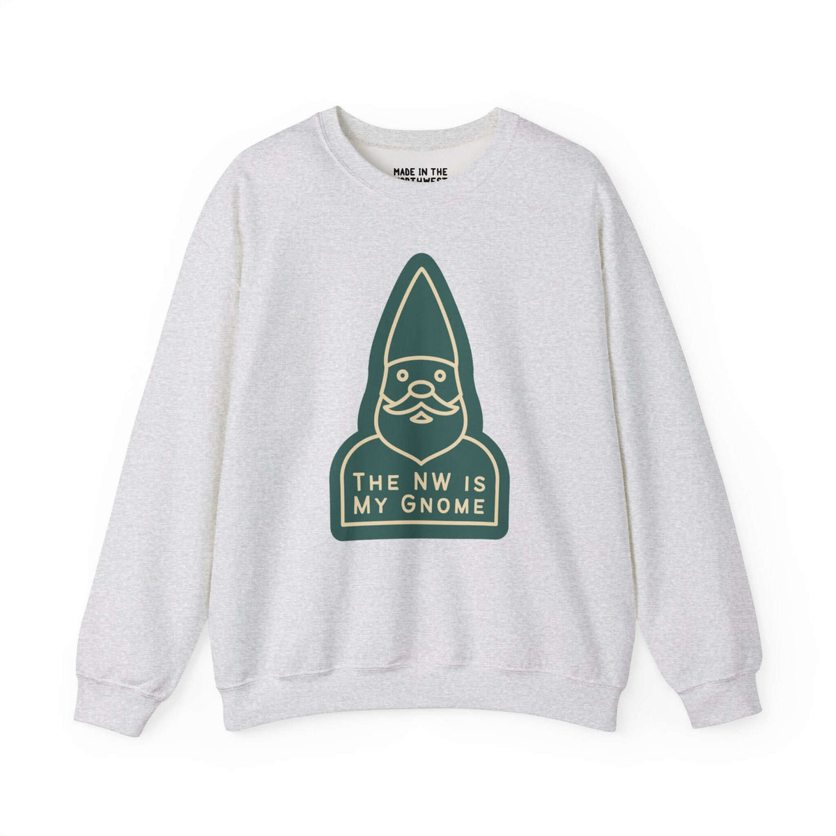 "The NW Is My Gnome sweatshirt featuring playful gnome design in gray, perfect for Pacific Northwest style enthusiasts."