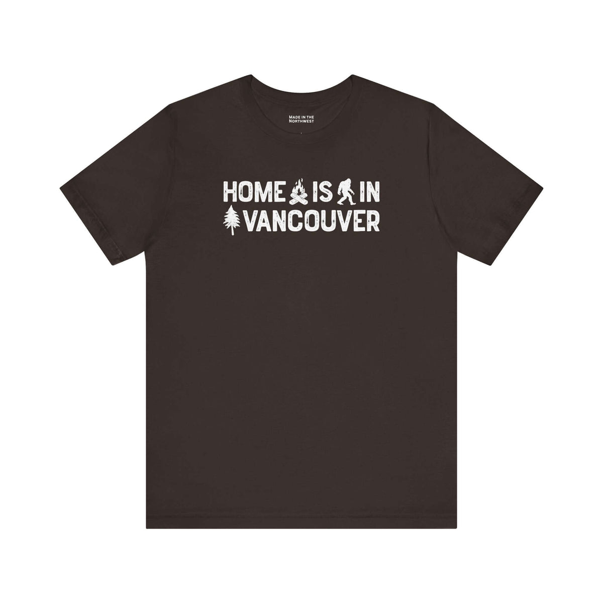 Home Is in Vancouver Tee showcasing campfire, Bigfoot, and tree designs on a black t-shirt.