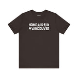 Home Is in Vancouver Tee showcasing campfire, Bigfoot, and tree designs on a black t-shirt.