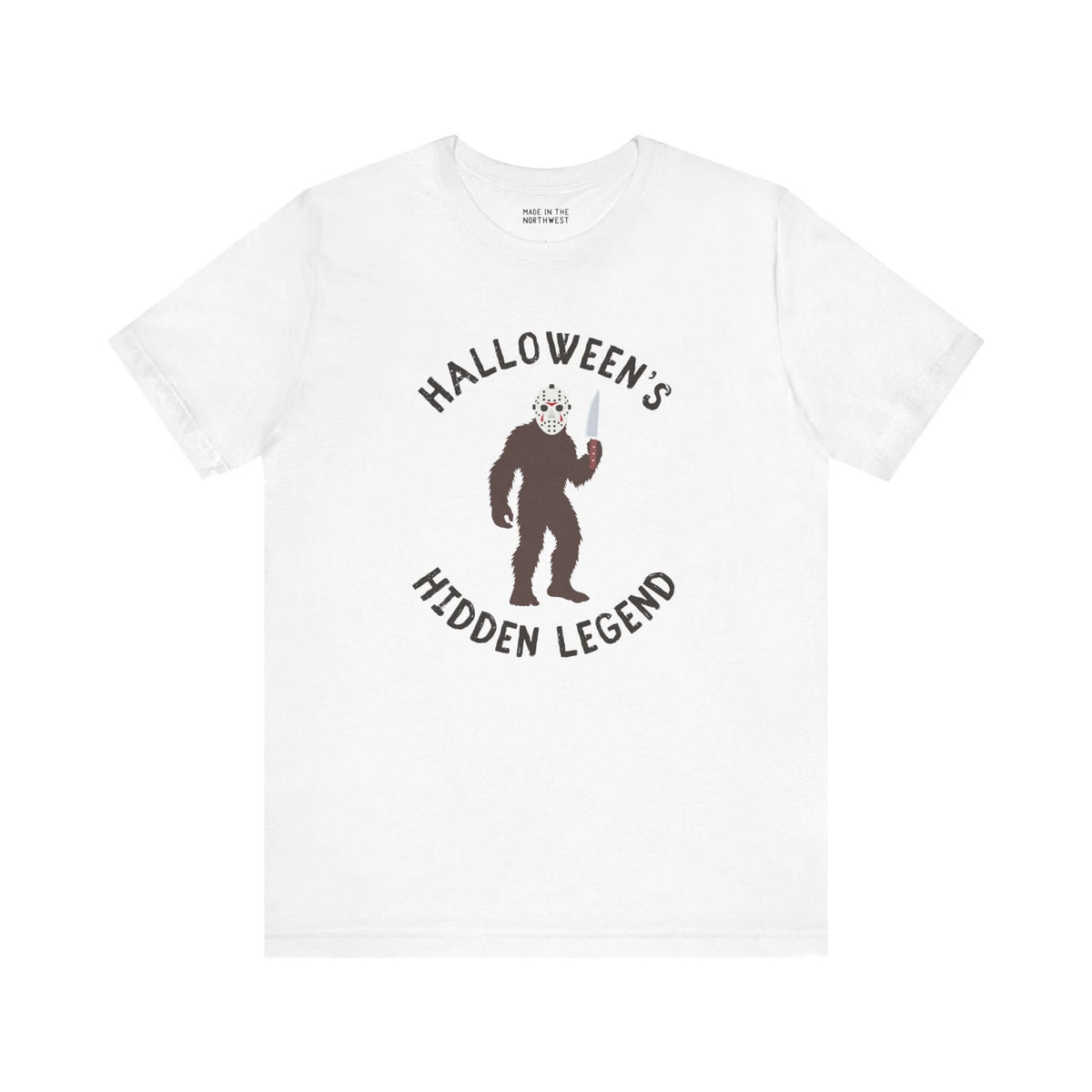 Bigfoot Halloween tee shirt with creature dressed as Jason holding a knife, perfect for spooky season.
