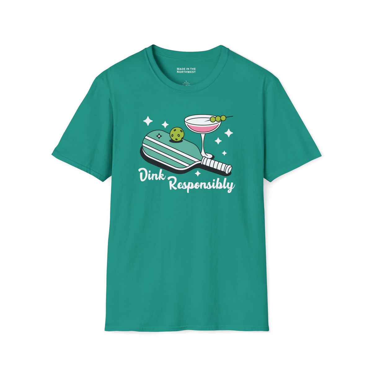 Dink responsibly t shirt featuring a pickleball paddle, ball, and a martini glass in a playful design.