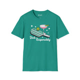 Dink responsibly t shirt featuring a pickleball paddle, ball, and a martini glass in a playful design.