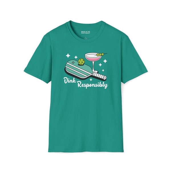 Dink responsibly t shirt featuring a pickleball paddle, ball, and a martini glass in a playful design.