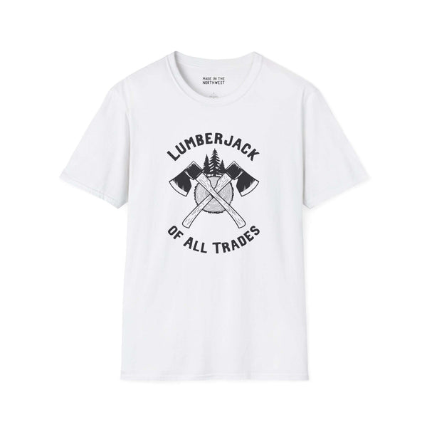 Lumberjack of All Trades softstyle t-shirt featuring axe and tree design, perfect for hands-on enthusiasts.