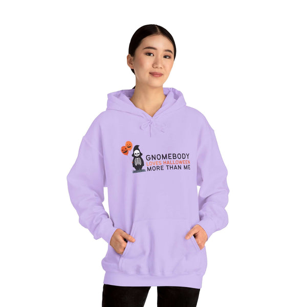 Purple hoodie with 'Gnomebody Loves Halloween More Than Me' text and a skeleton gnome holding Halloween balloons.