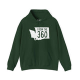 From the 360 hoodie in dark green featuring Washington state's silhouette and bold text, symbolizing local pride.