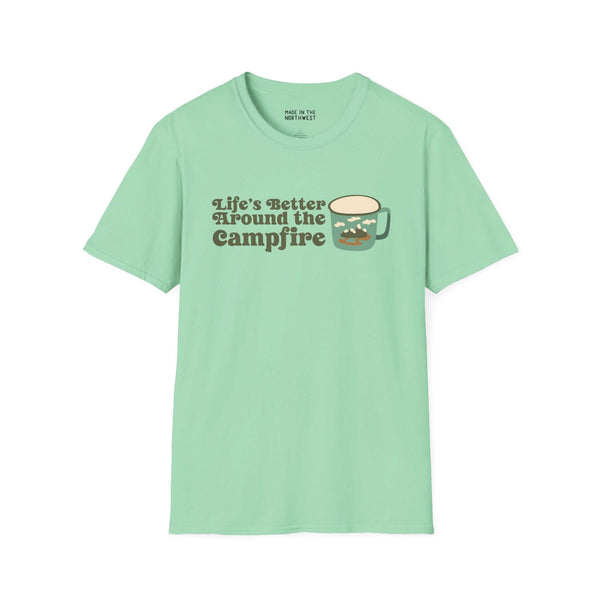 Mint green unisex t-shirt with 'Life's Better Around the Campfire' and a coffee mug graphic.