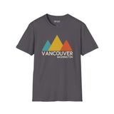 Modern Peaks Vancouver T Shirt featuring a mountain design and Vancouver Washington text.