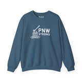PNW Strong Crewneck Sweatshirt featuring an axe-in-stump design, perfect for rugged outdoor enthusiasts.